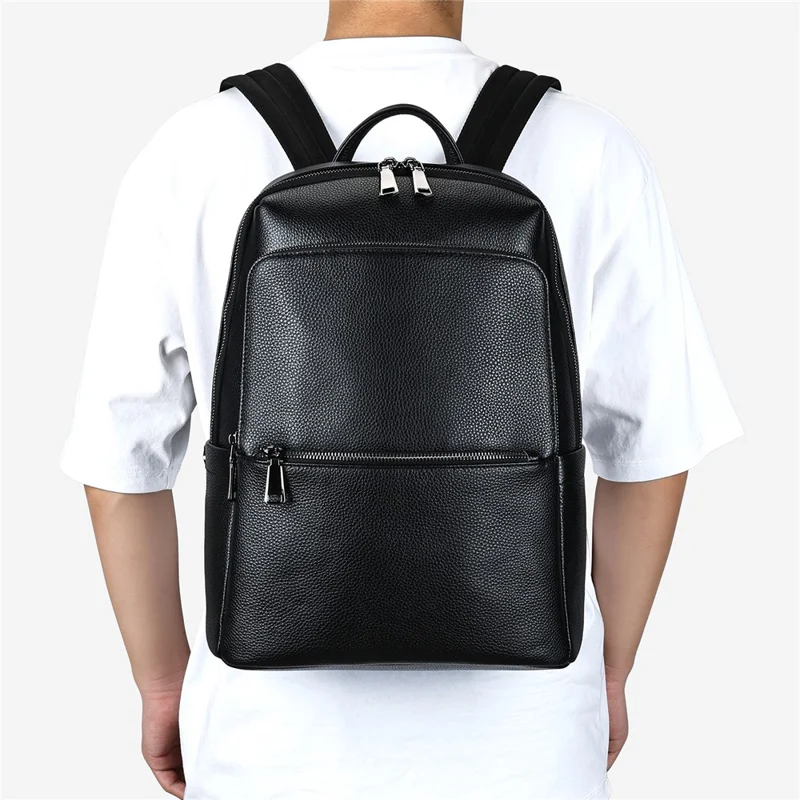 2452 Business Casual Backpack Genuine Cow Leather Laptop Bag Daypack for School Work Travel - Black