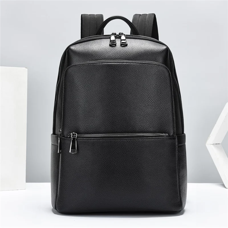 2452 Business Casual Backpack Genuine Cow Leather Laptop Bag Daypack for School Work Travel - Black