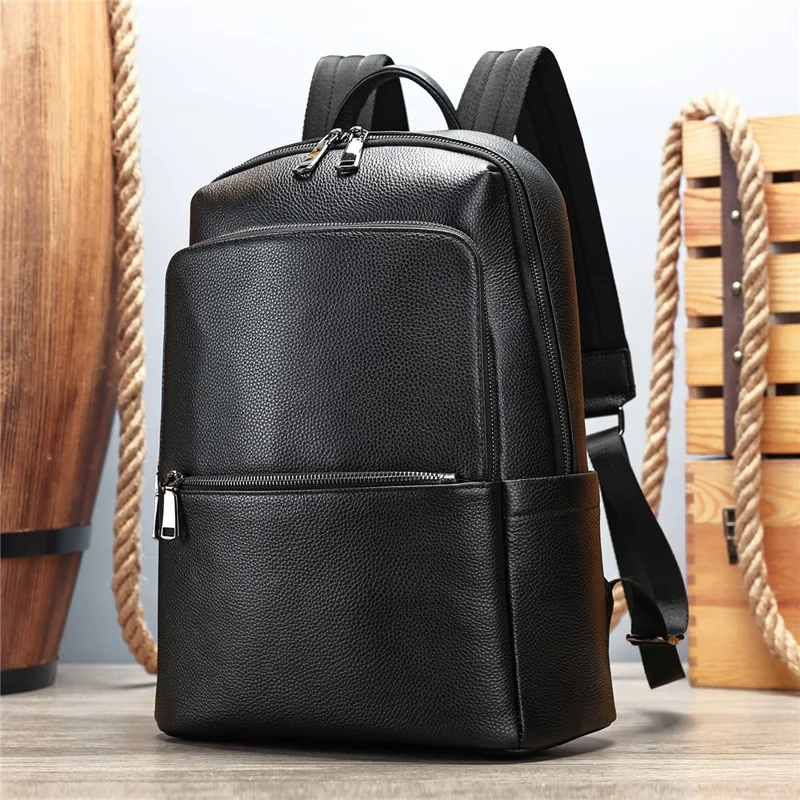 2452 Business Casual Backpack Genuine Cow Leather Laptop Bag Daypack for School Work Travel - Black