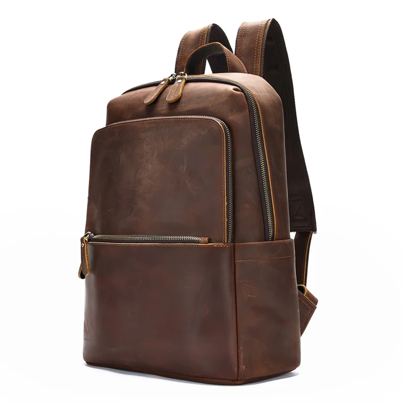 2452 Genuine Cow Leather Backpack Large Capacity 14 inch Laptop Rucksack for Business Travel - Coffee Crazy Horse Texture