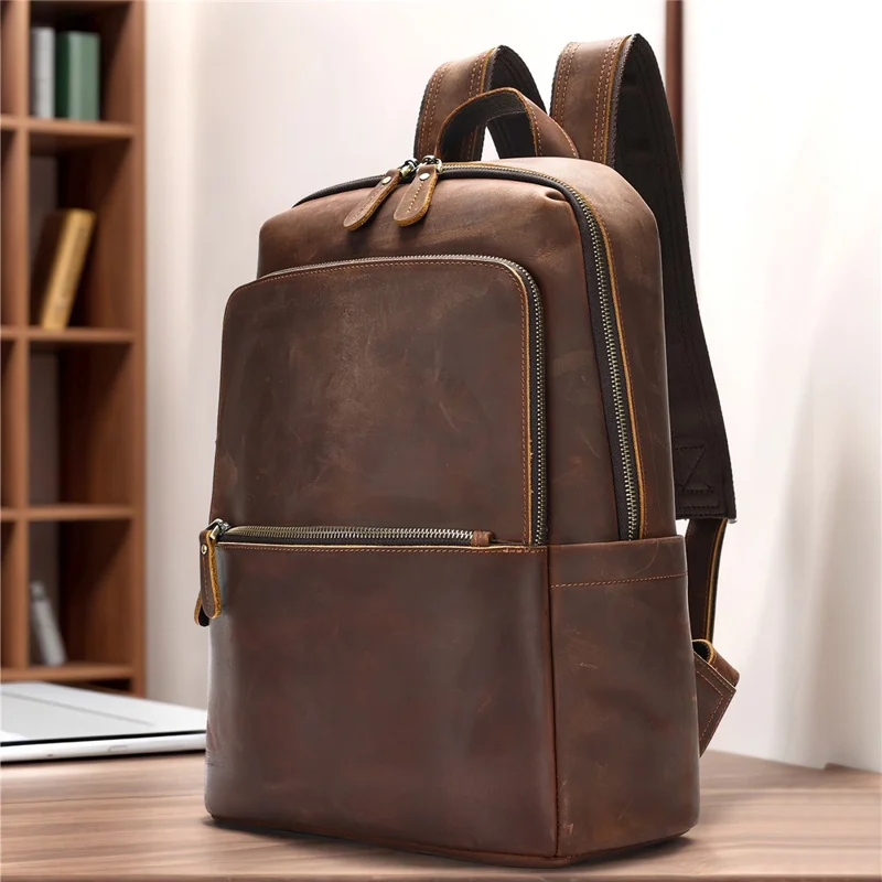 2452 Genuine Cow Leather Backpack Large Capacity 14 inch Laptop Rucksack for Business Travel - Coffee Crazy Horse Texture