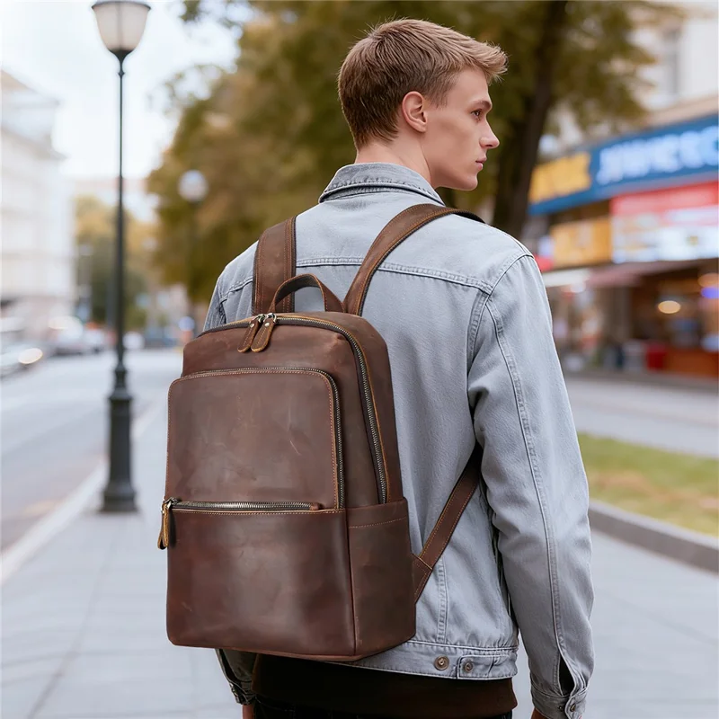 2452 Genuine Cow Leather Backpack Large Capacity 14 inch Laptop Rucksack for Business Travel - Coffee Crazy Horse Texture
