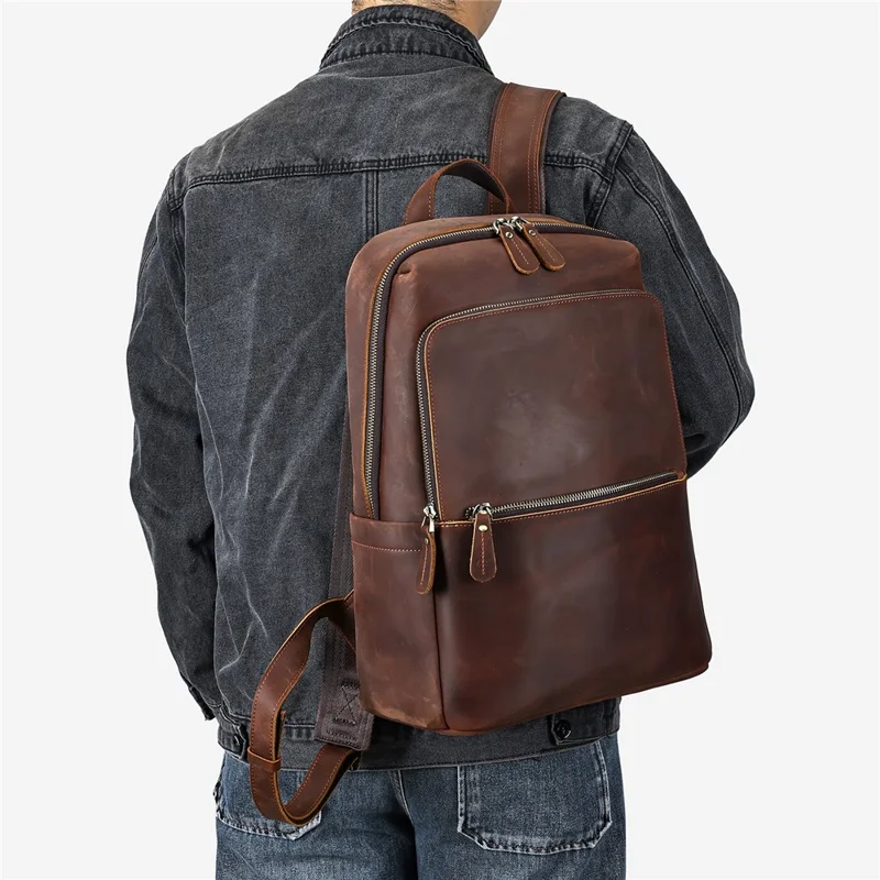 2452 Genuine Cow Leather Backpack Large Capacity 14 inch Laptop Rucksack for Business Travel - Coffee Crazy Horse Texture