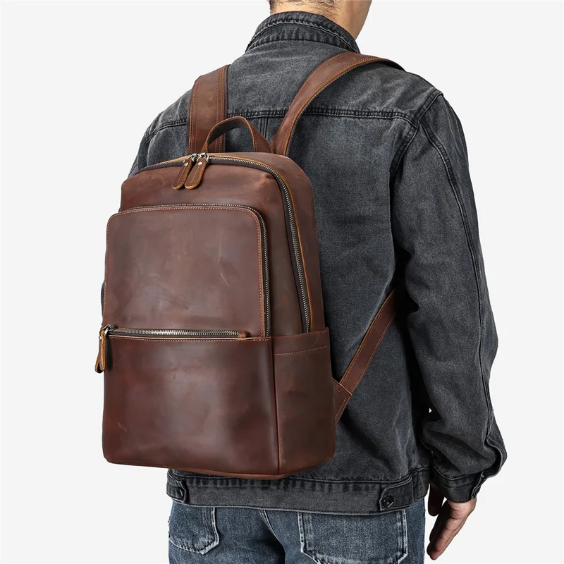 2452 Genuine Cow Leather Backpack Large Capacity 14 inch Laptop Rucksack for Business Travel - Coffee Crazy Horse Texture
