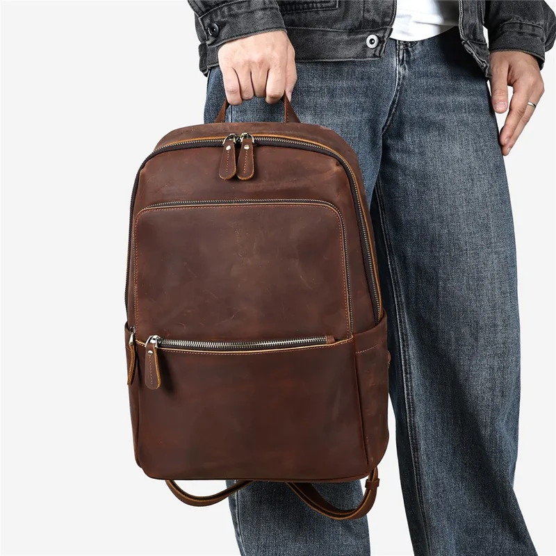 2452 Genuine Cow Leather Backpack Large Capacity 14 inch Laptop Rucksack for Business Travel - Coffee Crazy Horse Texture
