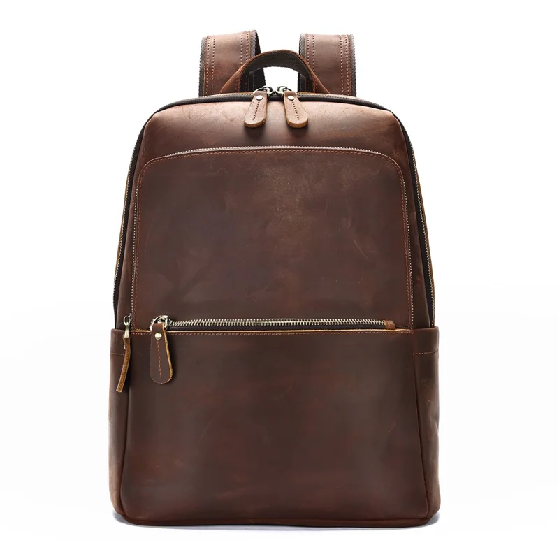 2452 Genuine Cow Leather Backpack Large Capacity 14 inch Laptop Rucksack for Business Travel - Coffee Crazy Horse Texture