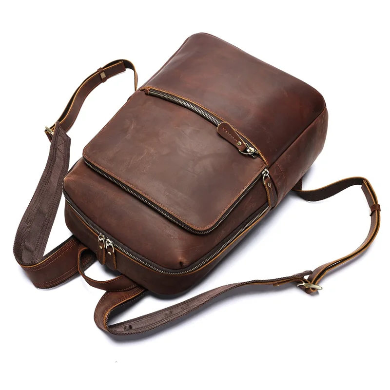 2452 Genuine Cow Leather Backpack Large Capacity 14 inch Laptop Rucksack for Business Travel - Coffee Crazy Horse Texture