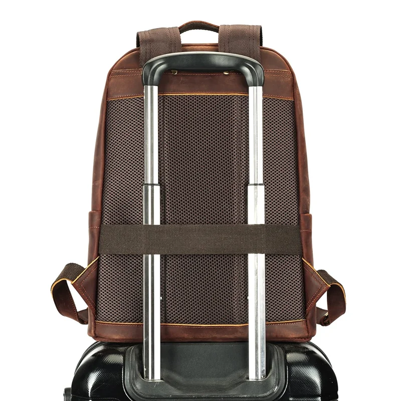 2452 Genuine Cow Leather Backpack Large Capacity 14 inch Laptop Rucksack for Business Travel - Coffee Crazy Horse Texture