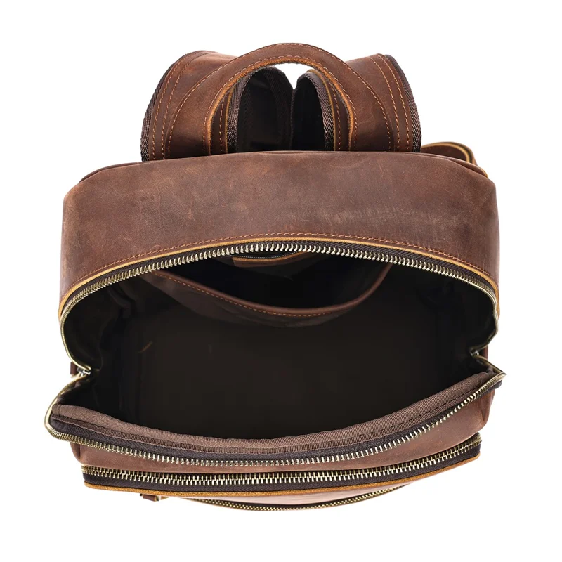 2452 Genuine Cow Leather Backpack Large Capacity 14 inch Laptop Rucksack for Business Travel - Coffee Crazy Horse Texture