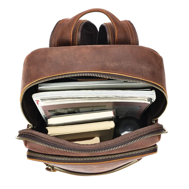 2452 Genuine Cow Leather Backpack Large Capacity 14 inch Laptop Rucksack for Business Travel - Coffee Crazy Horse Texture