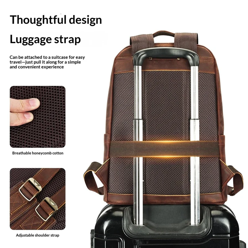 2452 Genuine Cow Leather Backpack Large Capacity 14 inch Laptop Rucksack for Business Travel - Coffee Crazy Horse Texture