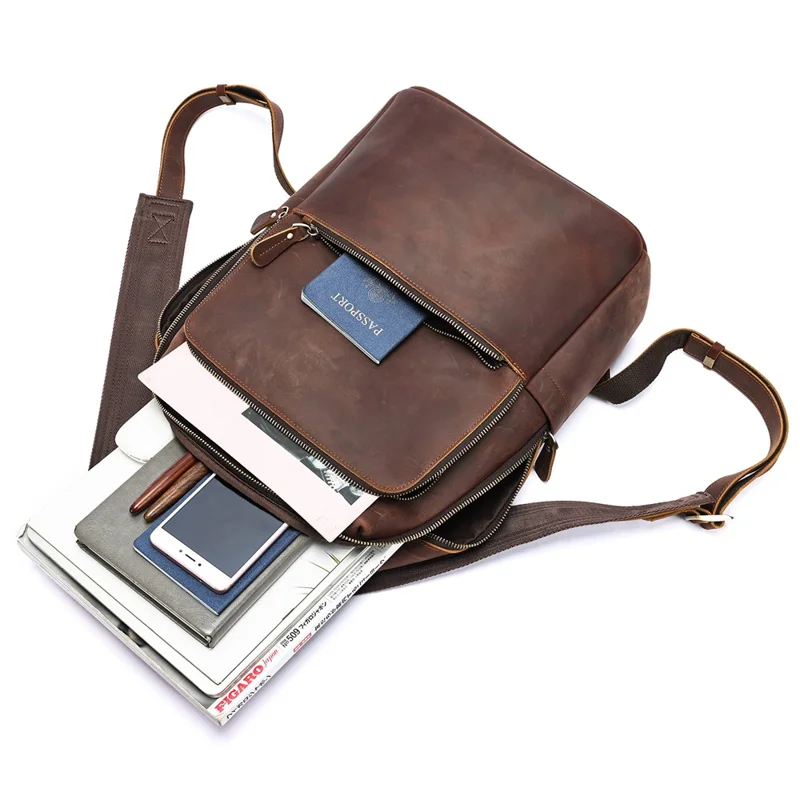 2452 Genuine Cow Leather Backpack Large Capacity 14 inch Laptop Rucksack for Business Travel - Coffee Crazy Horse Texture