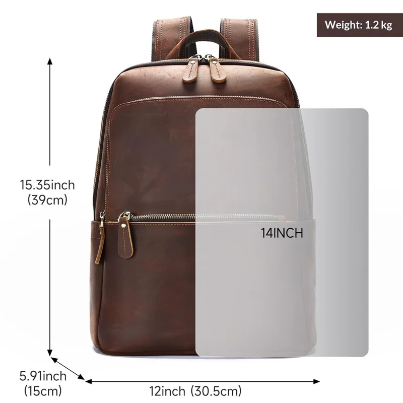 2452 Genuine Cow Leather Backpack Large Capacity 14 inch Laptop Rucksack for Business Travel - Coffee Crazy Horse Texture