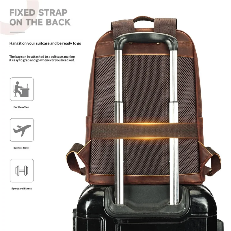 2452 Genuine Cow Leather Backpack Large Capacity 14 inch Laptop Rucksack for Business Travel - Coffee Crazy Horse Texture