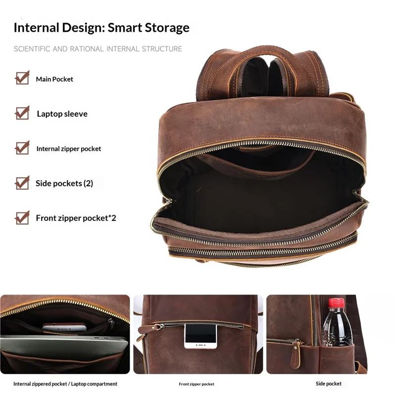 2452 Genuine Cow Leather Backpack Large Capacity 14 inch Laptop Rucksack for Business Travel - Coffee Crazy Horse Texture