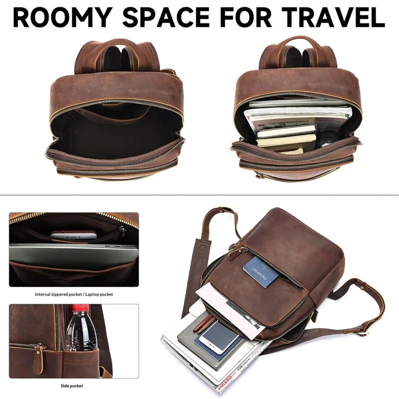 2452 Genuine Cow Leather Backpack Large Capacity 14 inch Laptop Rucksack for Business Travel - Coffee Crazy Horse Texture