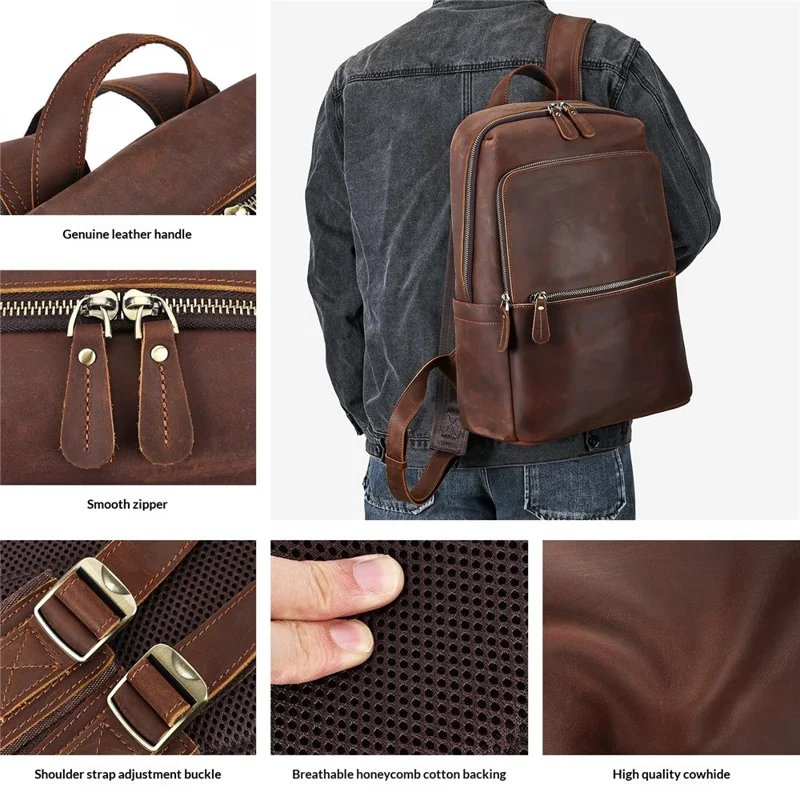 2452 Genuine Cow Leather Backpack Large Capacity 14 inch Laptop Rucksack for Business Travel - Coffee Crazy Horse Texture