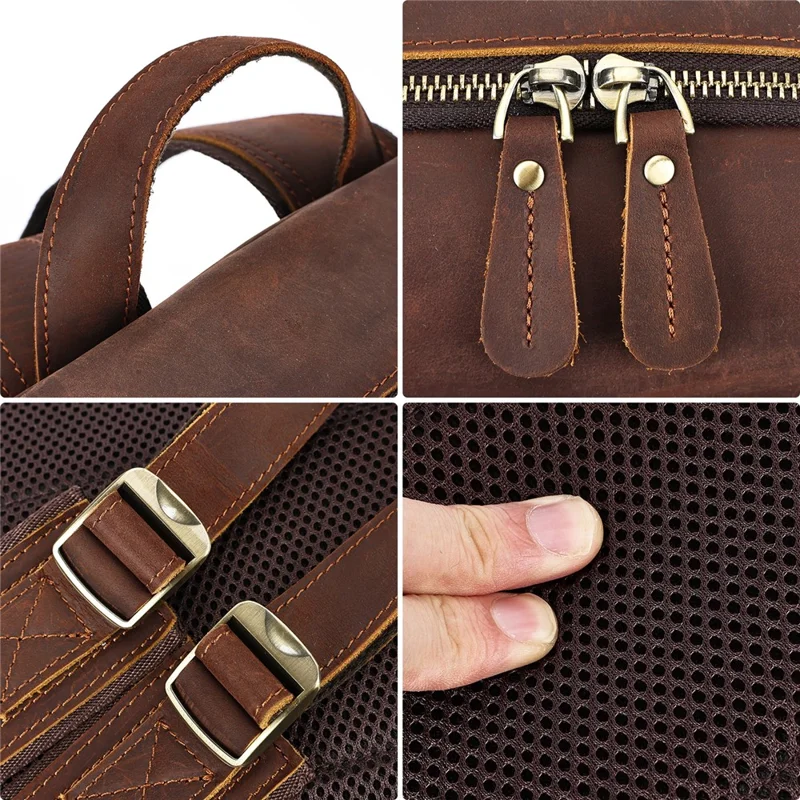 2452 Genuine Cow Leather Backpack Large Capacity 14 inch Laptop Rucksack for Business Travel - Coffee Crazy Horse Texture