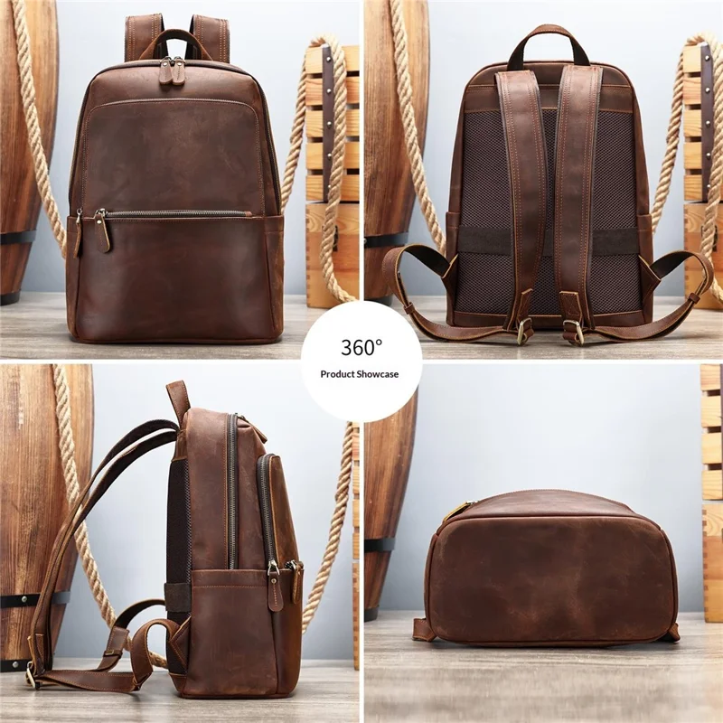 2452 Genuine Cow Leather Backpack Large Capacity 14 inch Laptop Rucksack for Business Travel - Coffee Crazy Horse Texture