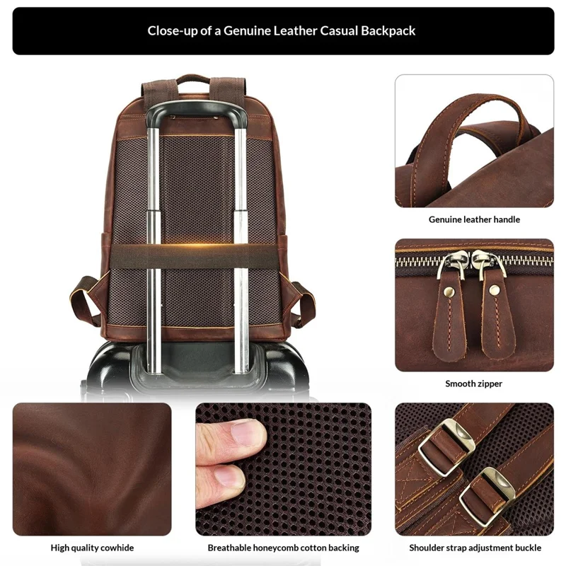 2452 Genuine Cow Leather Backpack Large Capacity 14 inch Laptop Rucksack for Business Travel - Coffee Crazy Horse Texture