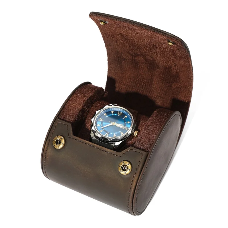 Q8078 Single Watch Travel Case Genuine Cow Leather Watch Storage Box Portable Roll Organizer - Coffee