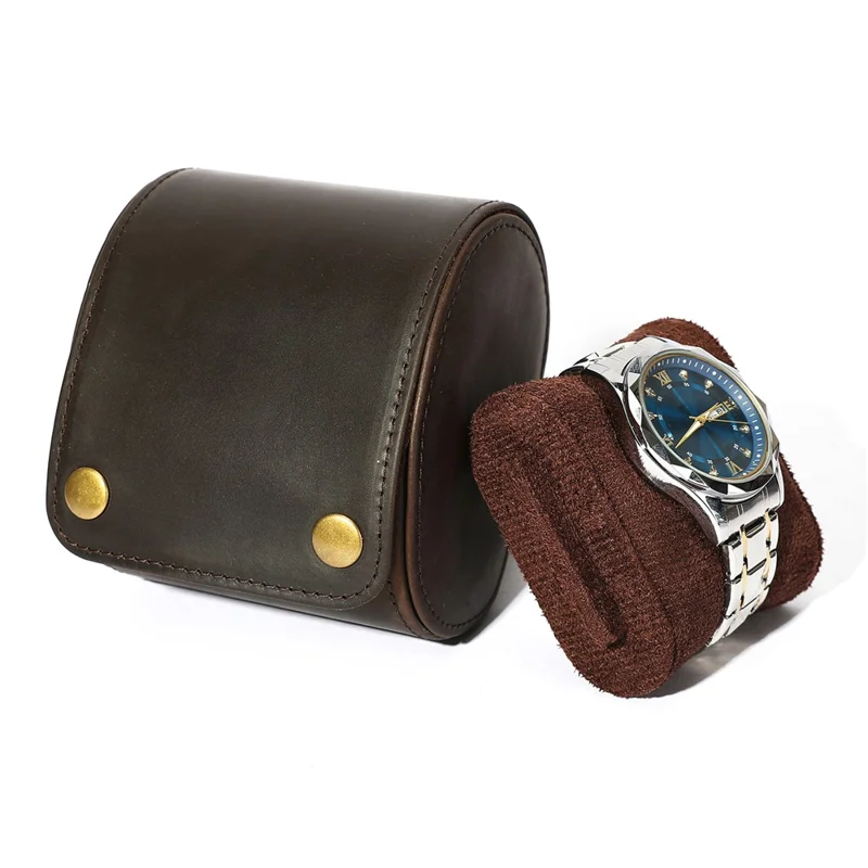 Q8078 Single Watch Travel Case Genuine Cow Leather Watch Storage Box Portable Roll Organizer - Coffee