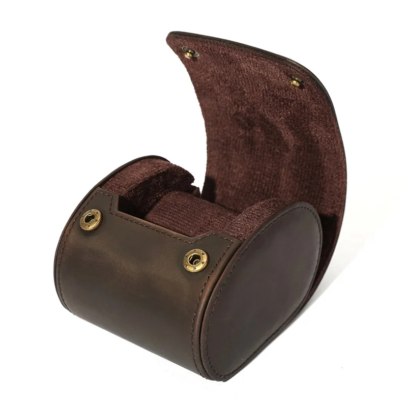 Q8078 Single Watch Travel Case Genuine Cow Leather Watch Storage Box Portable Roll Organizer - Coffee