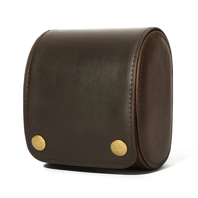 Q8078 Single Watch Travel Case Genuine Cow Leather Watch Storage Box Portable Roll Organizer - Coffee