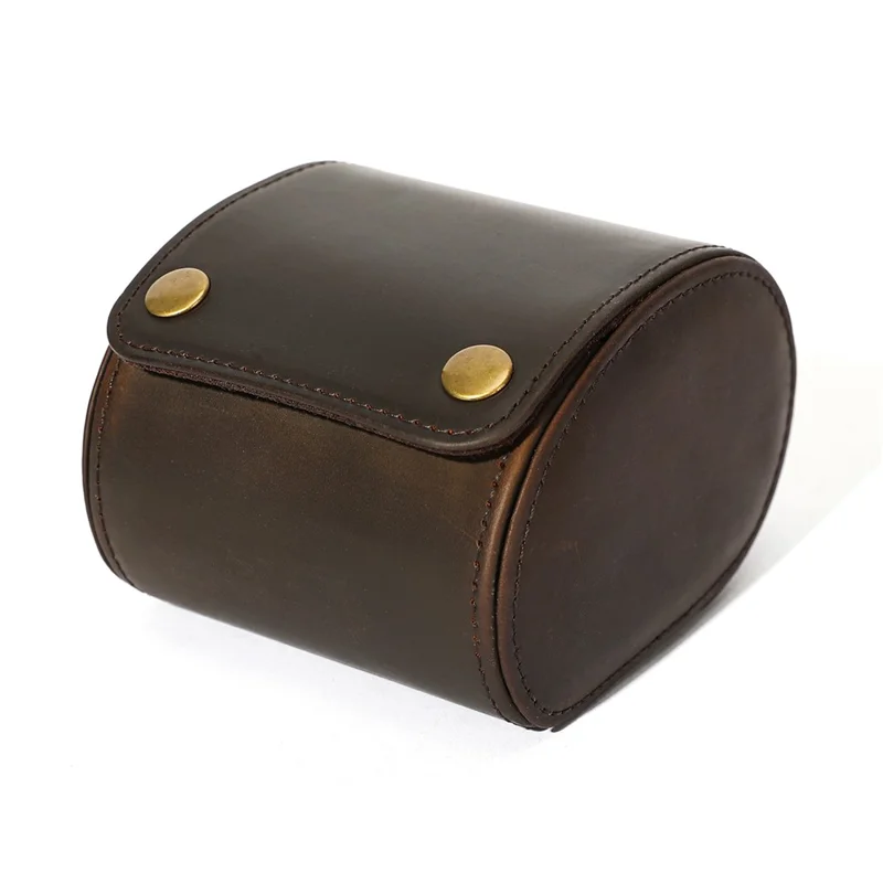 Q8078 Single Watch Travel Case Genuine Cow Leather Watch Storage Box Portable Roll Organizer - Coffee