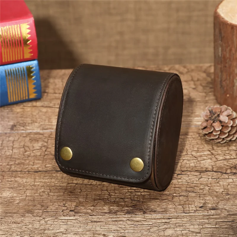 Q8078 Single Watch Travel Case Genuine Cow Leather Watch Storage Box Portable Roll Organizer - Coffee