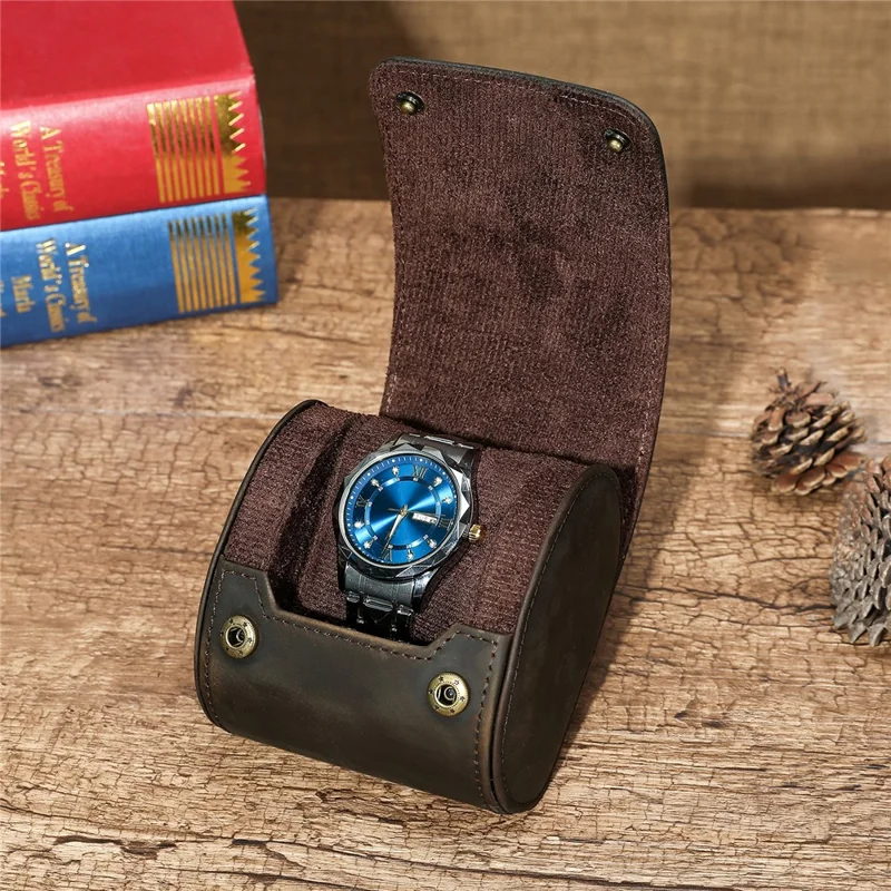 Q8078 Single Watch Travel Case Genuine Cow Leather Watch Storage Box Portable Roll Organizer - Coffee