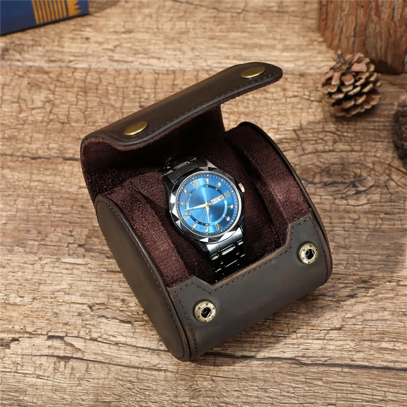 Q8078 Single Watch Travel Case Genuine Cow Leather Watch Storage Box Portable Roll Organizer - Coffee