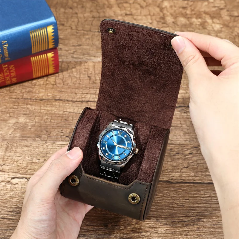Q8078 Single Watch Travel Case Genuine Cow Leather Watch Storage Box Portable Roll Organizer - Coffee