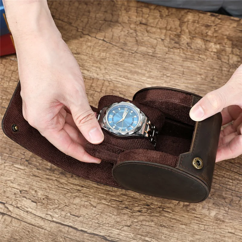 Q8078 Single Watch Travel Case Genuine Cow Leather Watch Storage Box Portable Roll Organizer - Coffee