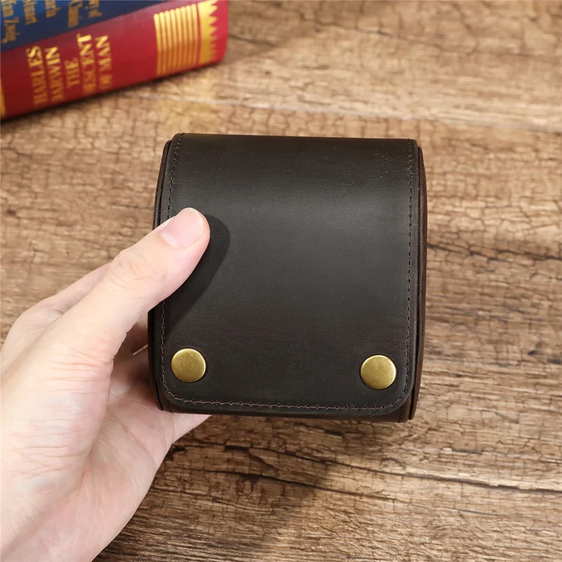 Q8078 Single Watch Travel Case Genuine Cow Leather Watch Storage Box Portable Roll Organizer - Coffee