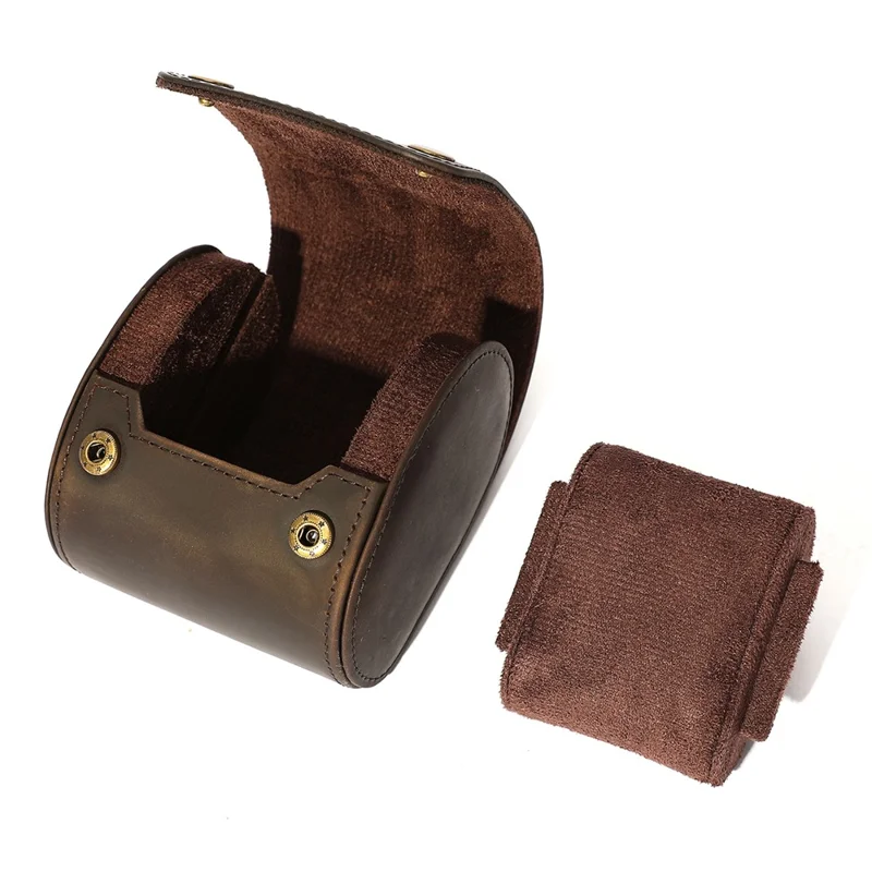 Q8078 Single Watch Travel Case Genuine Cow Leather Watch Storage Box Portable Roll Organizer - Coffee