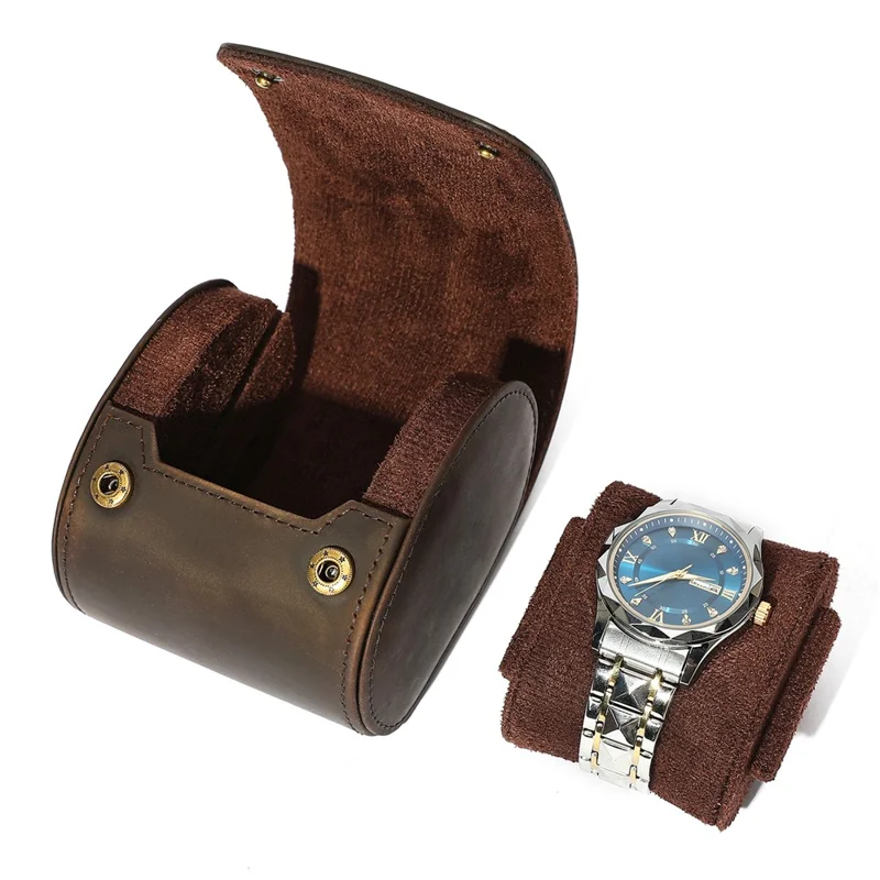Q8078 Single Watch Travel Case Genuine Cow Leather Watch Storage Box Portable Roll Organizer - Coffee
