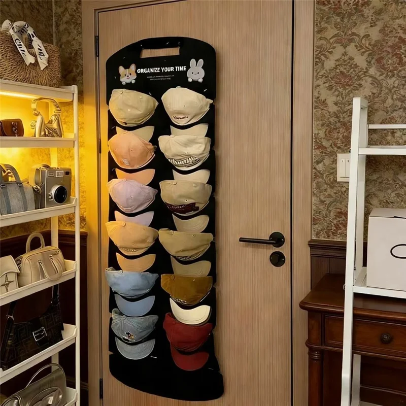 12-Pocket 130x46cm Hat Organizer Storage Hanging Bag Over Door Cap Rack for Baseball Cap - Black