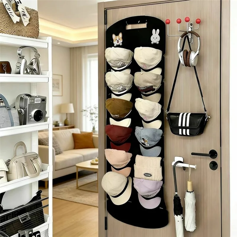 12-Pocket 130x46cm Hat Organizer Storage Hanging Bag Over Door Cap Rack for Baseball Cap - Black