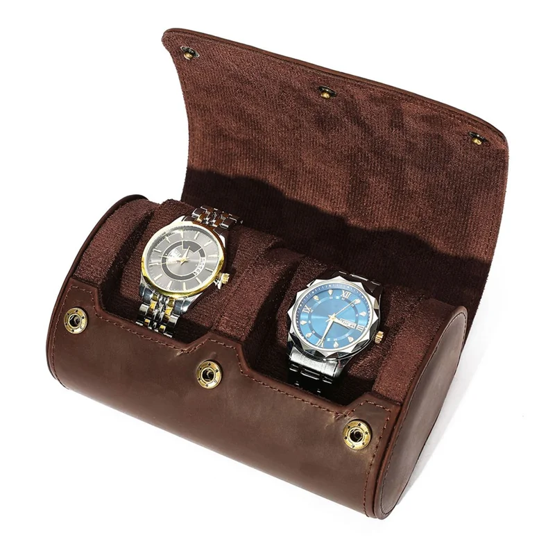 Q8078 Dual Watch Travel Case Genuine Cow Leather Watch Storage Box Portable Roll Organizer - Red Coffee