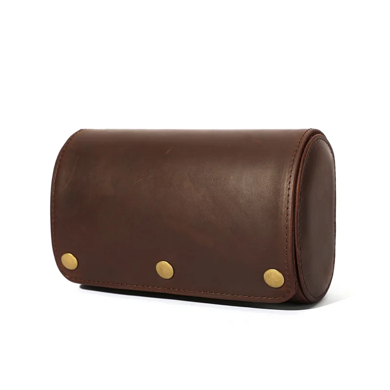 Q8078 Dual Watch Travel Case Genuine Cow Leather Watch Storage Box Portable Roll Organizer - Red Coffee
