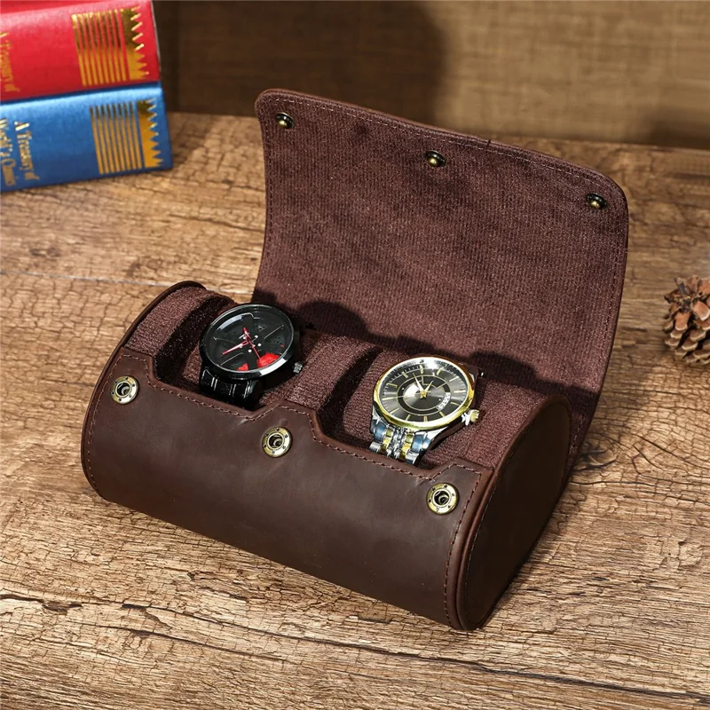 Q8078 Dual Watch Travel Case Genuine Cow Leather Watch Storage Box Portable Roll Organizer - Red Coffee