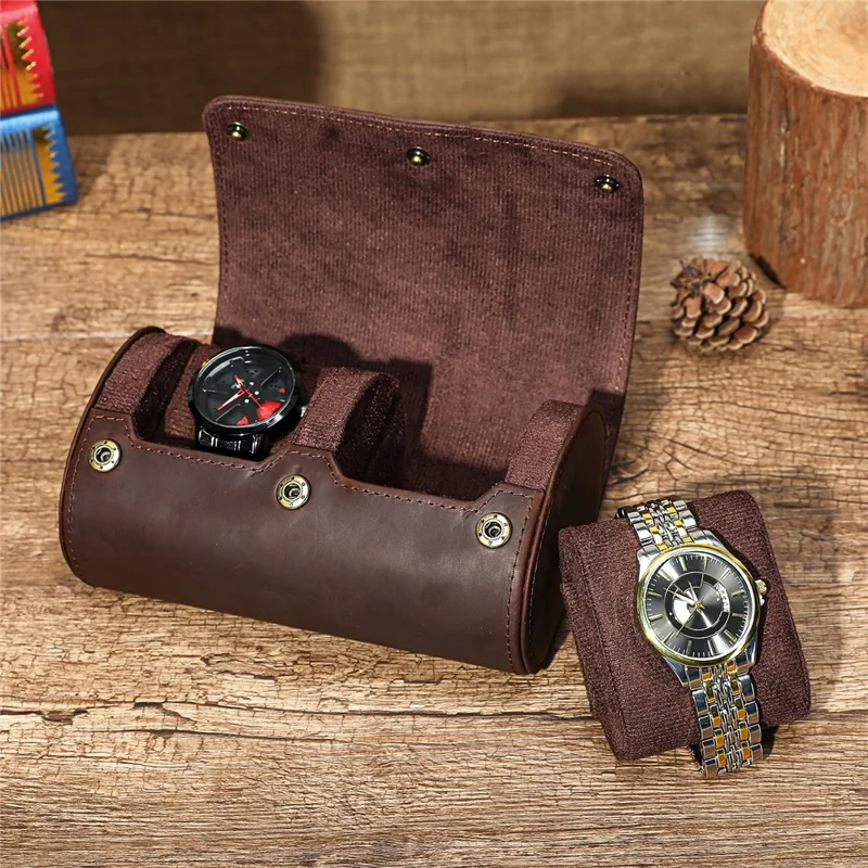Q8078 Dual Watch Travel Case Genuine Cow Leather Watch Storage Box Portable Roll Organizer - Red Coffee
