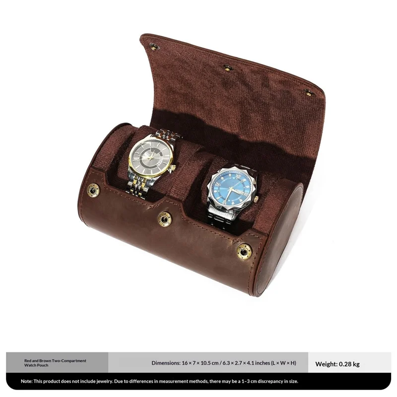 Q8078 Dual Watch Travel Case Genuine Cow Leather Watch Storage Box Portable Roll Organizer - Red Coffee