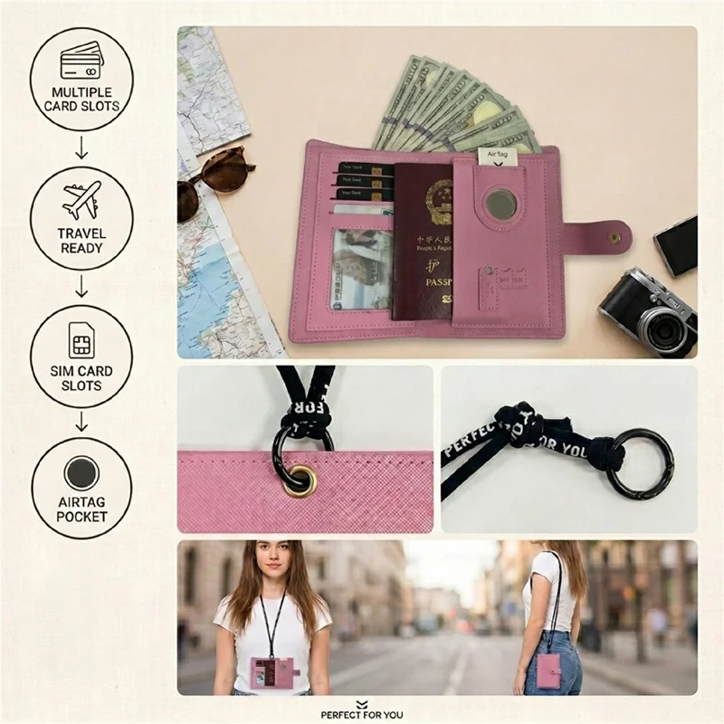 For AirTag Smart Tracker Travel Passport Holder Wallet with Neck Lanyard for Women - Brown