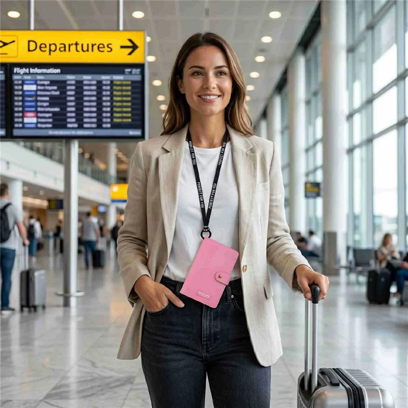 For AirTag Smart Tracker Travel Passport Holder Wallet with Neck Lanyard for Women - Brown