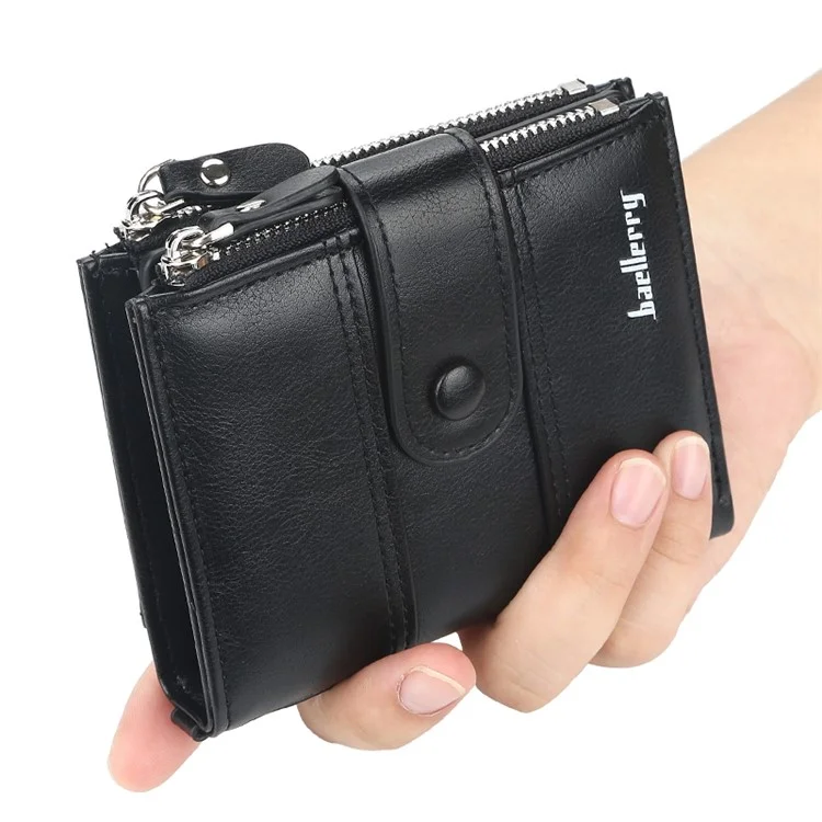 BAELLERRY D3215 Short Wallet PU Leather Card Holder Cash Storage Bag with Dual Zipper Pocket - Black