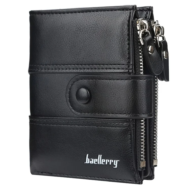 BAELLERRY D3215 Short Wallet PU Leather Card Holder Cash Storage Bag with Dual Zipper Pocket - Black