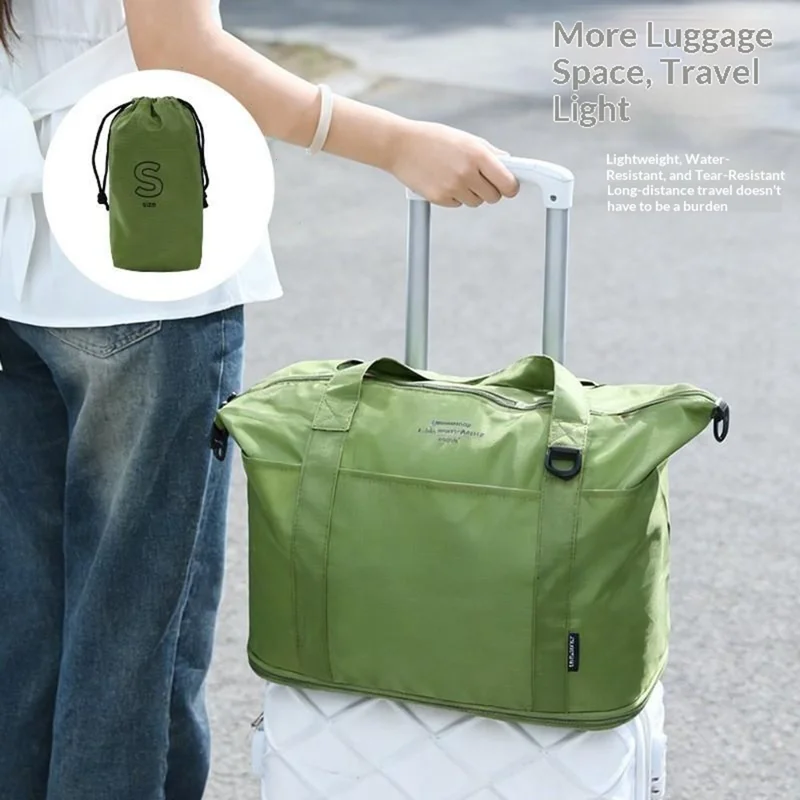 Collapsible Travel Tote Bag Lightweight Nylon Expandable Luggage Handbag with Shoulder Strap - Forest Green