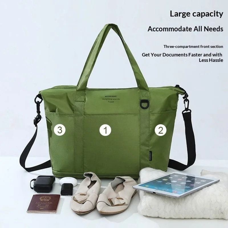 Collapsible Travel Tote Bag Lightweight Nylon Expandable Luggage Handbag with Shoulder Strap - Forest Green